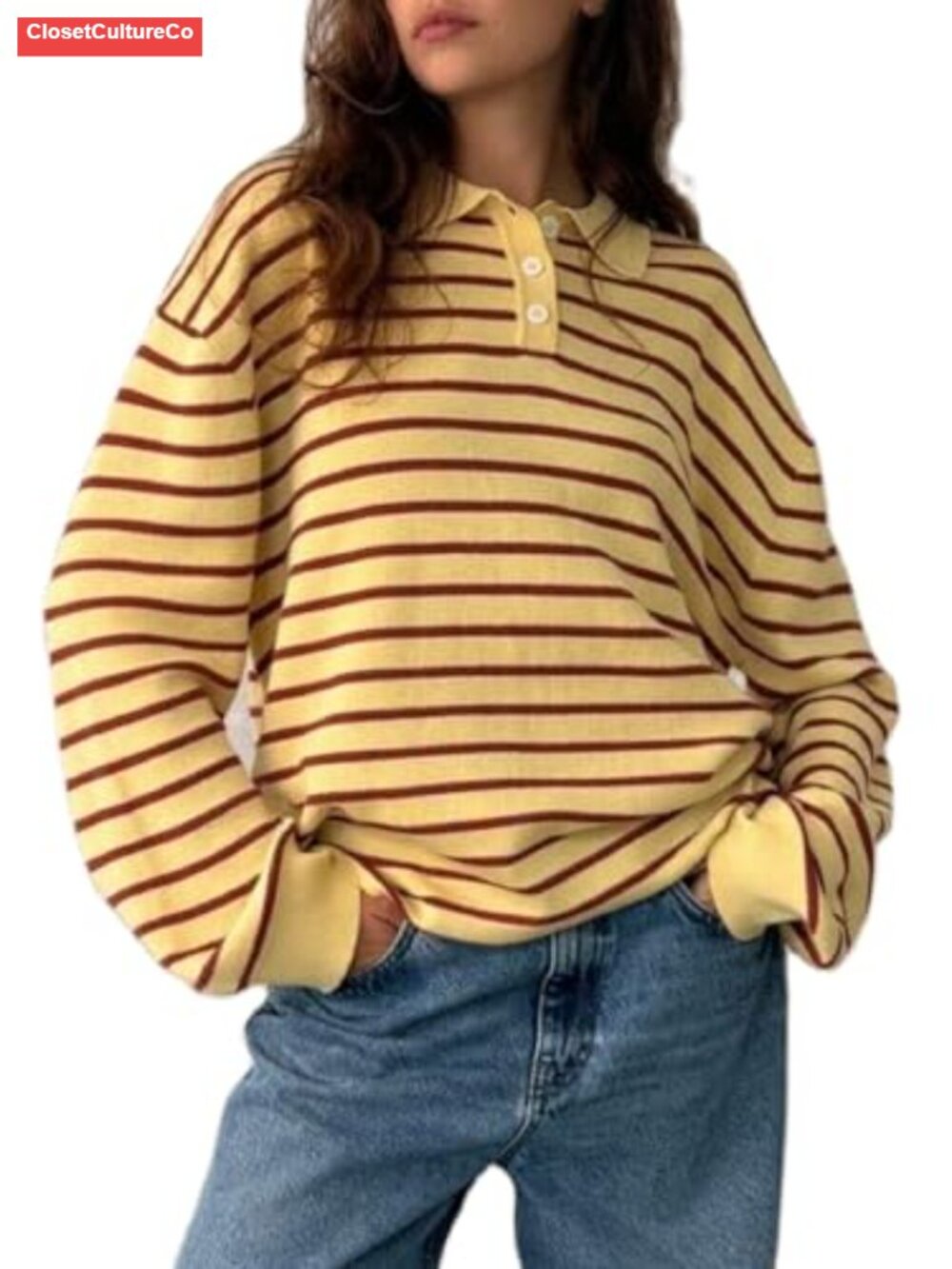 Oversized Striped Knit Polo Sweater Rugby Pullover Color Block Button Up
